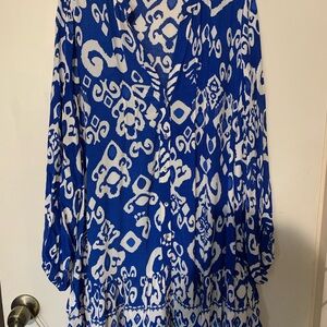 Zara Blue and White Printed V-Neck Dress